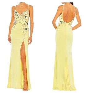 Mac Duggal 42006 Beaded Floral Yellow Gown Slit Low Back Size 16 NWT
